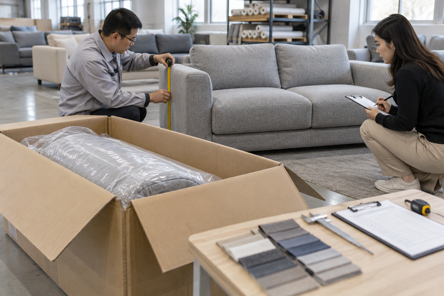 apartment buyer inspecting compressed sofa carton and recovery measurements