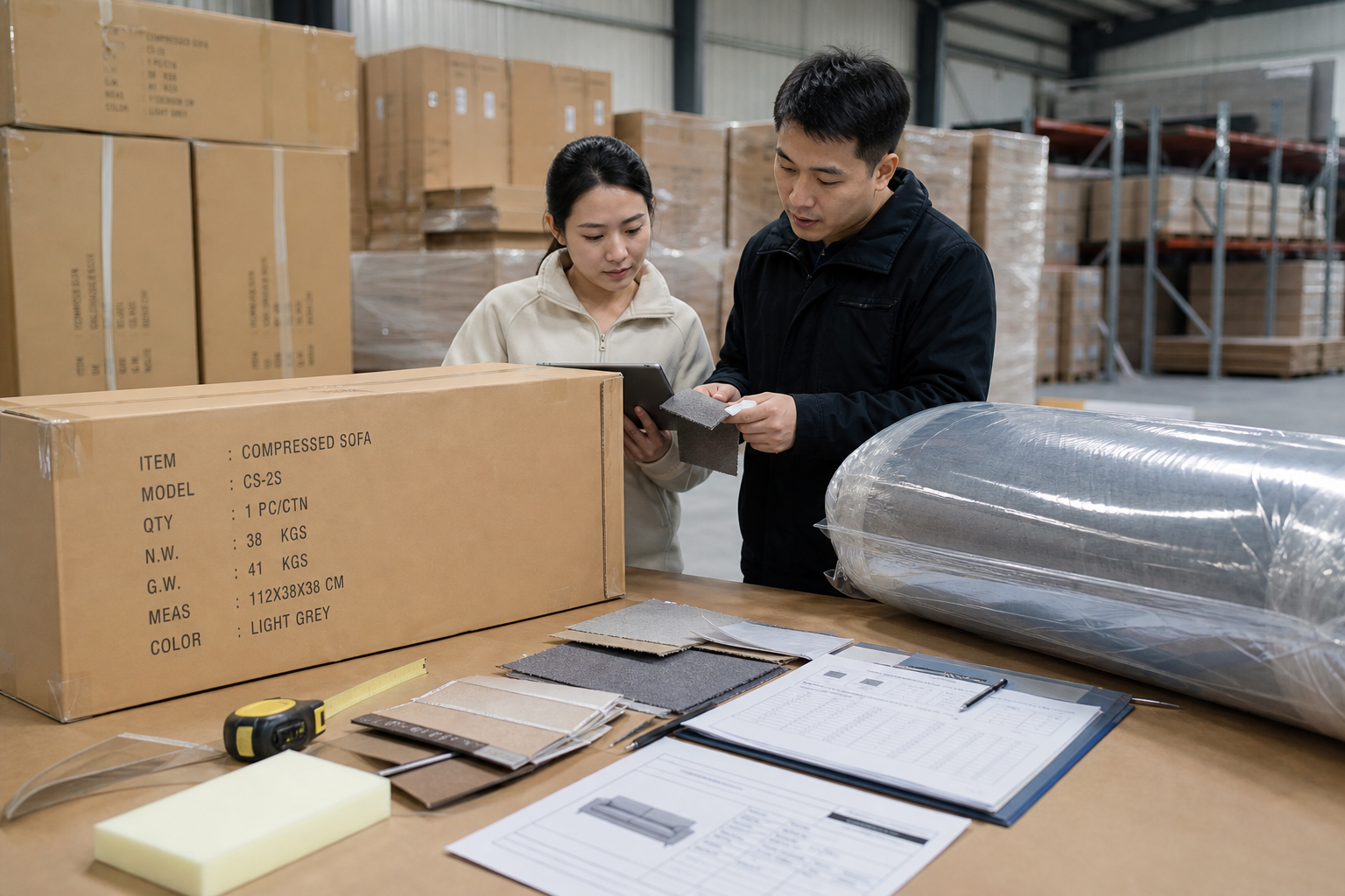 compressed sofa carton data and material review scene