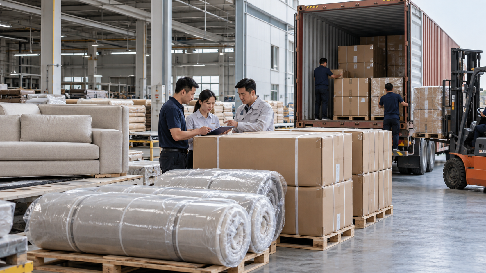 compressed sofa container loading warehouse