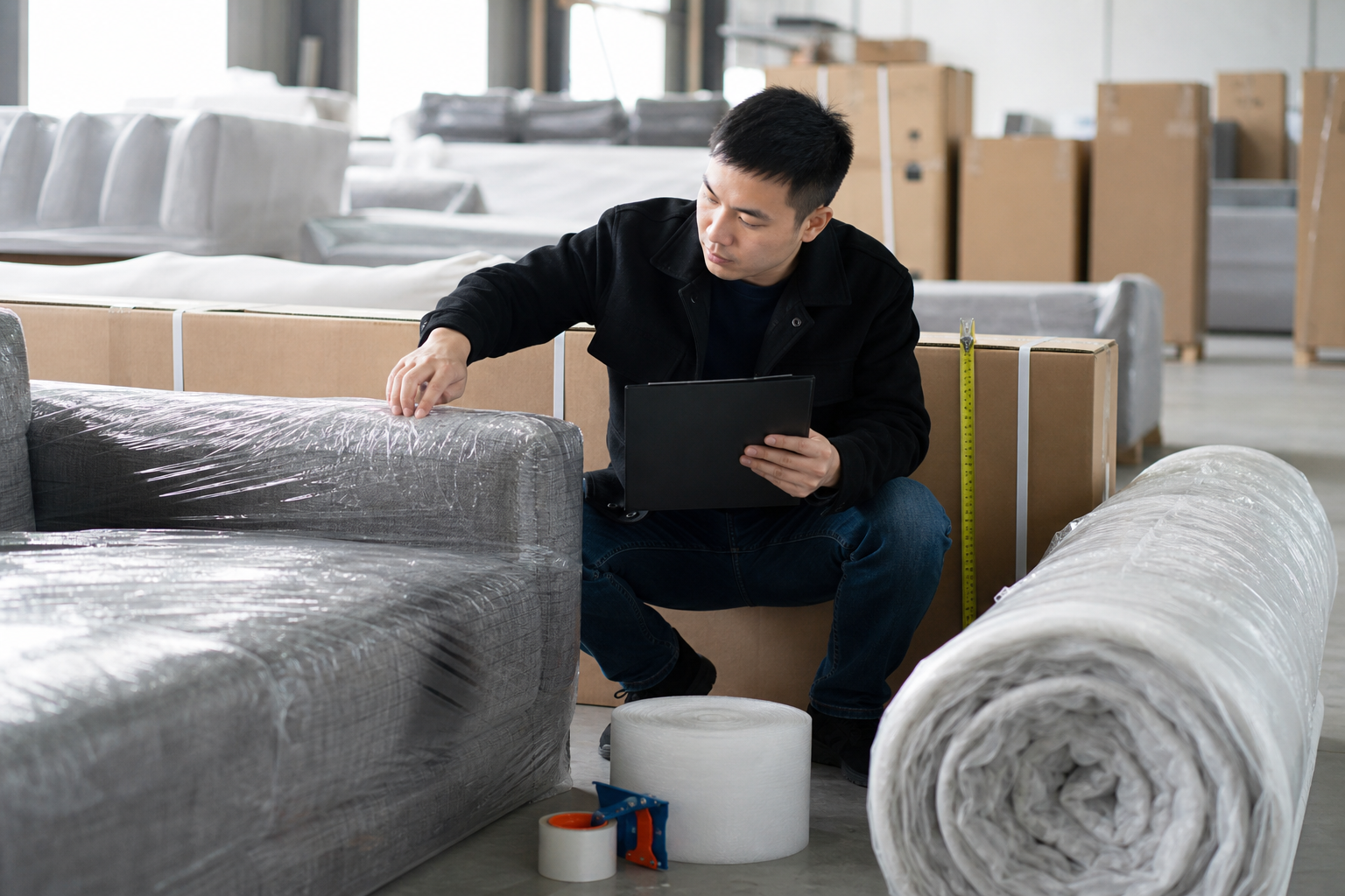 compressed sofa factory packing inspection scene