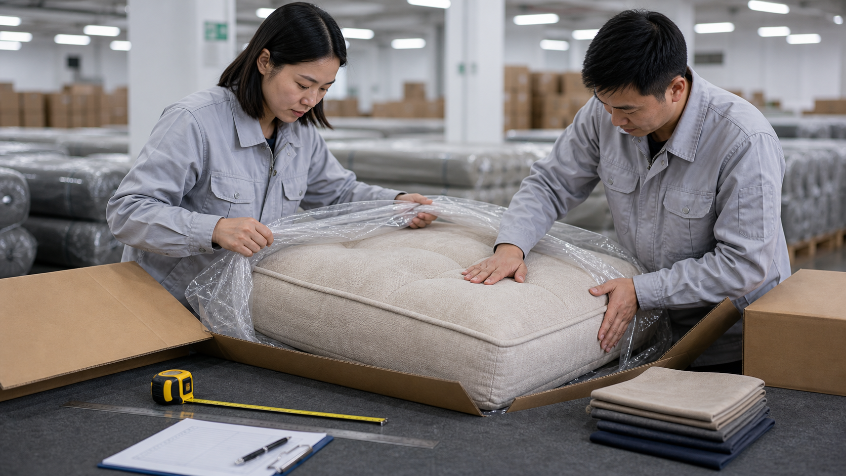 compressed sofa in a box procurement inspection scene