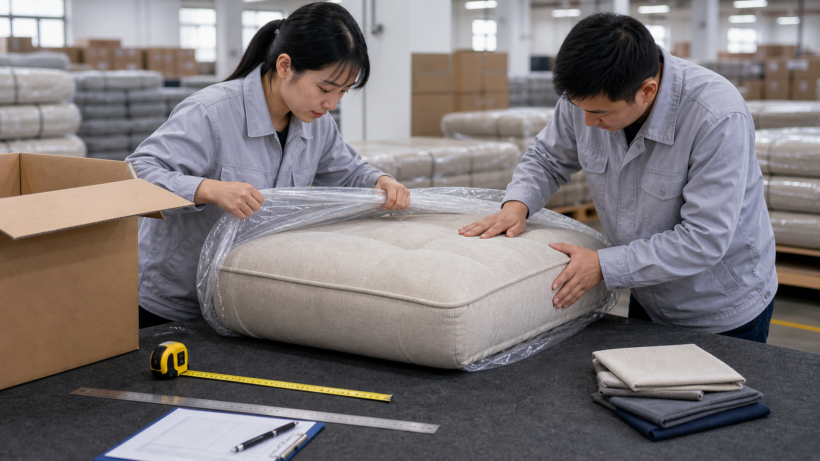 compressed sofa packaging inspection scene