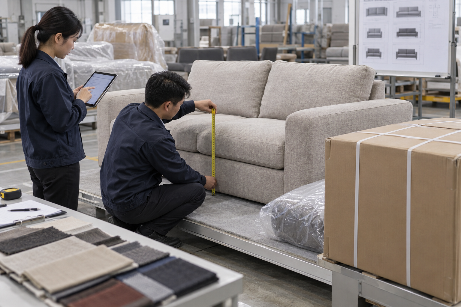 furniture importer reviewing compressed sofa carton specification and recovery test
