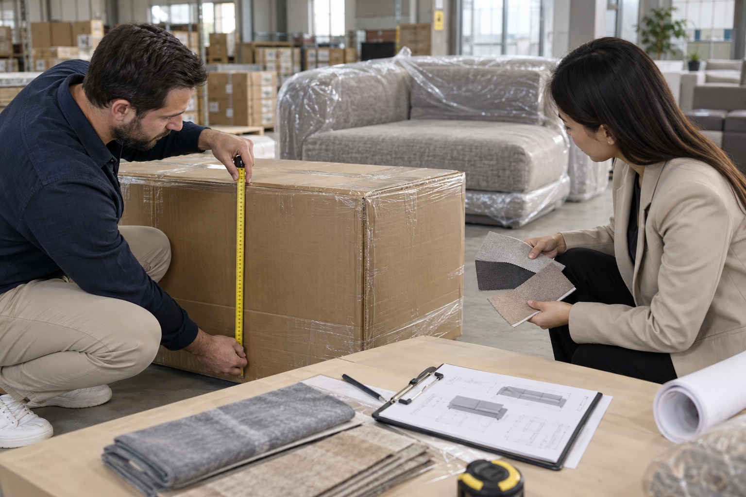 hotel buyer checking compressed sofa carton and fabric