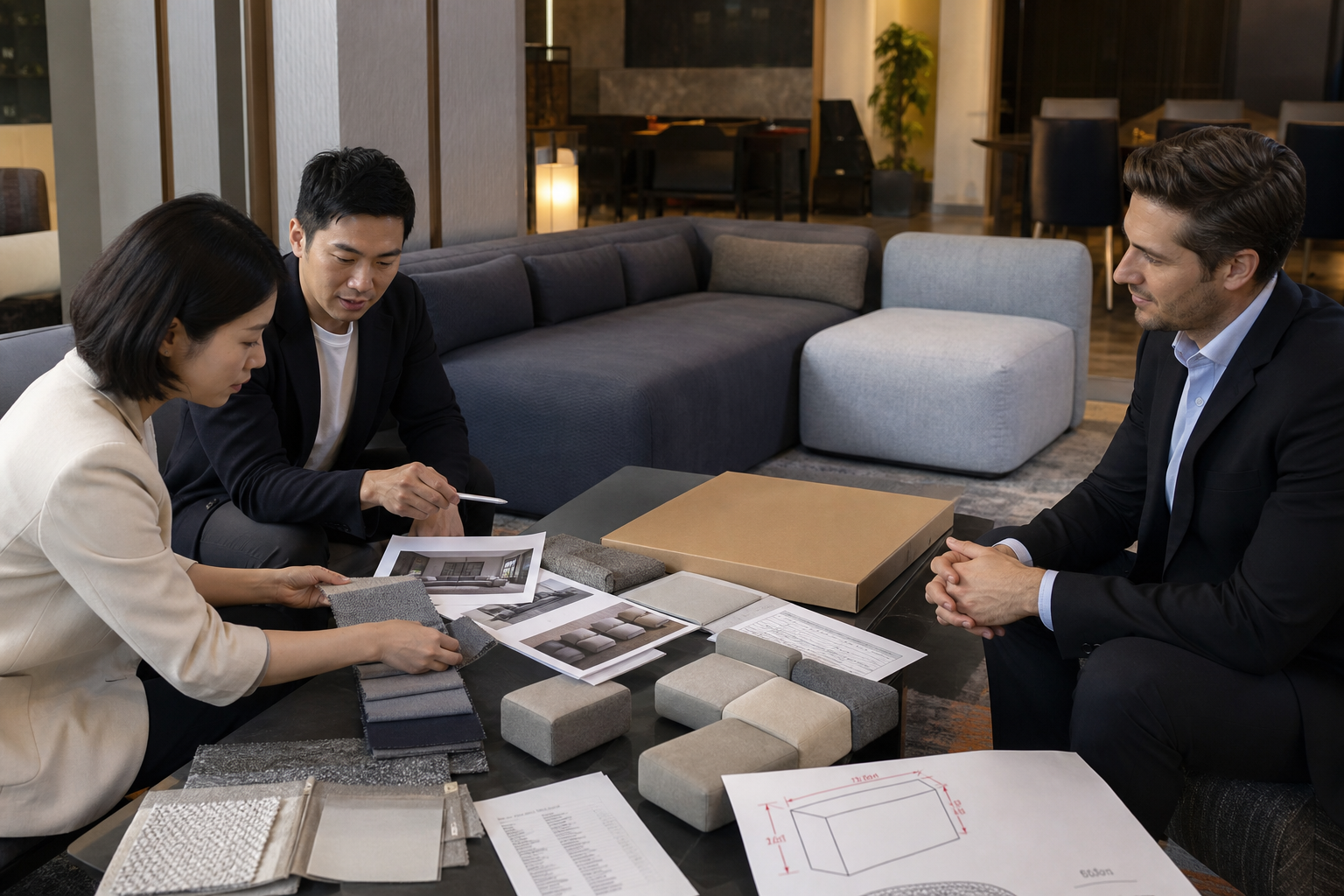hotel lounge compressed sofa procurement review scene