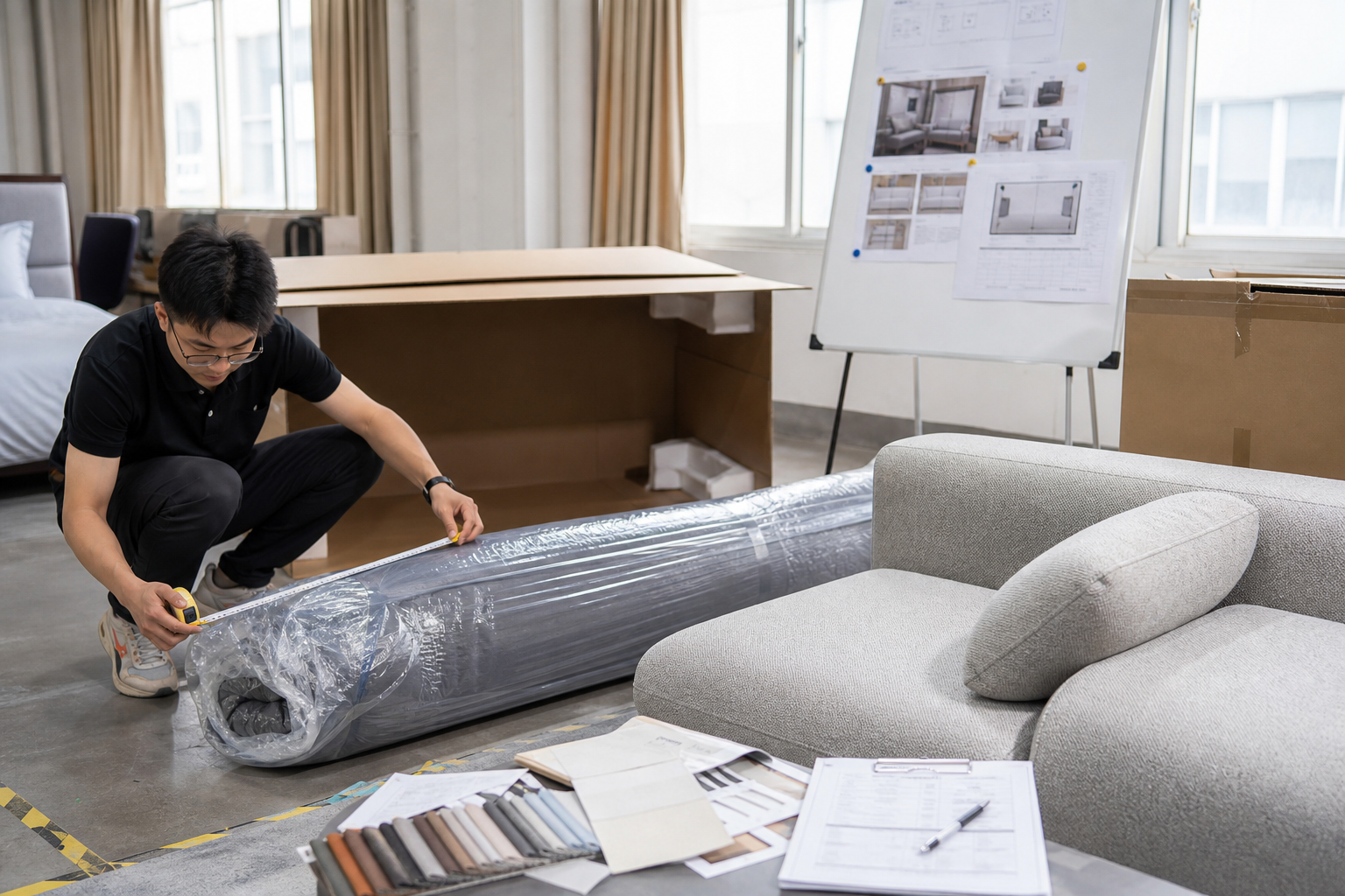 Hotelprojekt komprimierte Sofa-Verpackungsinspektionsszene