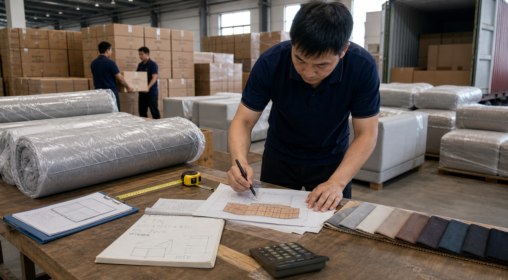 roll packed sofa shipping efficiency inspection scene